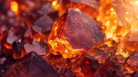 Vibrant Close Up View of Molten Amber Stones Glowing With Intense Heat in a Warm and Fiery Environment During a Crafting Session. Generative AIの素材