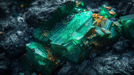 Beautiful Emerald Green Crystals Embedded in Dark Mineral Matrix Glisten Under Soft Light in a Geological Landscape. Generative AIの素材