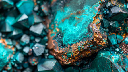 Beautiful Turquoise Mineral Formation With Intricate Crystal Structures Showcasing Vibrant Colors and Unique Textures in Natural Setting. Generative AIの素材