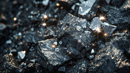 Glistening Crystals on Dark Mineral Surface Create a Captivating Contrast in an Underground Setting During Daylight. Generative AIの素材