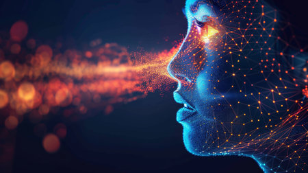 Digital Representation of a Woman With Glowing Particles Emerging From Her Face in a Darkened Background Illustrating Technology and Innovation. Generative AIの素材