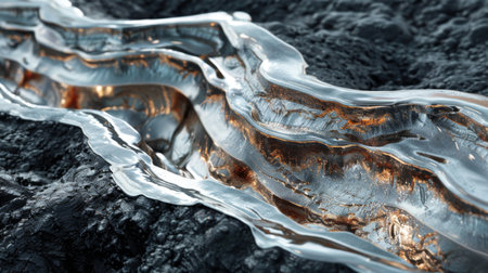 Unique Blend of Liquid Metal and Solid Rock Forming a Striking Natural Landscape in a Surreal Setting. Generative AIの素材