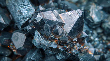 Natural Formation of Black Crystals Showcasing Sharp Angles and Intricate Textures in a Geological Environment. Generative AIの素材