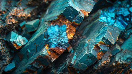 Vivid Display of Mineral Specimens Showcasing Vibrant Blues and Oranges in Natural Formation Under Bright Lighting Conditions. Generative AIの素材