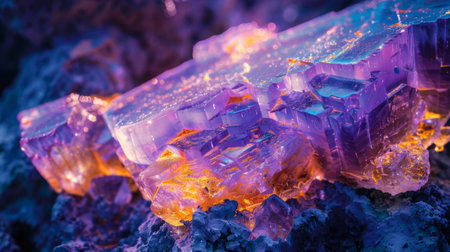 Vibrant Purple and Orange Crystalline Mineral Formation Illuminated by Soft Light in a Natural Setting at Dusk. Generative AIの素材