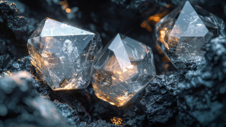 Sparkling Quartz Crystals Nestled Among Dark Volcanic Rock in a Mystical Underground Setting Illuminated by Soft Light. Generative AIの素材