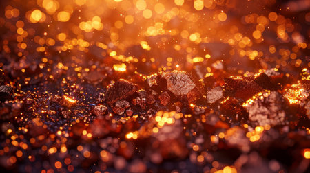 Glowing Embers Scattered Across a Dark Surface Creating a Mesmerizing Atmosphere in a Dim Light Setting During an Evening. Generative AIの素材