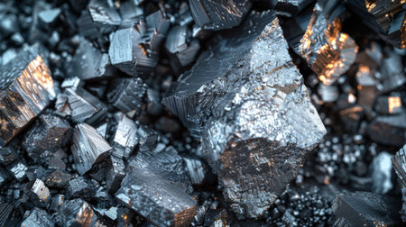 Close up View of Metallic Mineral Crystals Showcasing Unique Textures and Reflections in Natural Light at an Underground Site. Generative AIの素材