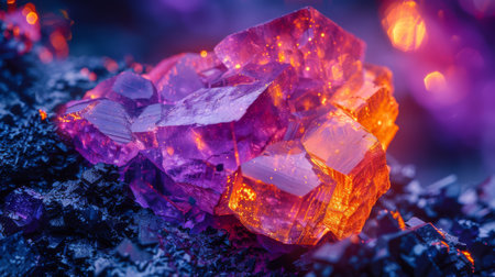 Vibrant Mineral Cluster With Purple and Orange Hues Glowing in a Dark Background During an Artistic Light Display. Generative AIの素材