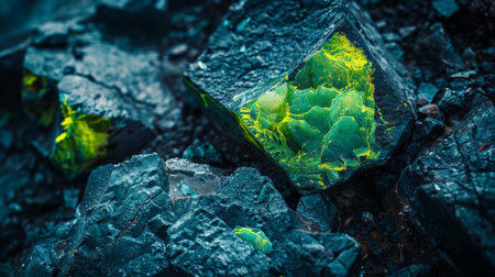 Unique Mineral Formation With Vibrant Green Luminescence Observed in Natural Setting During Daylight Hours. Generative AIの素材