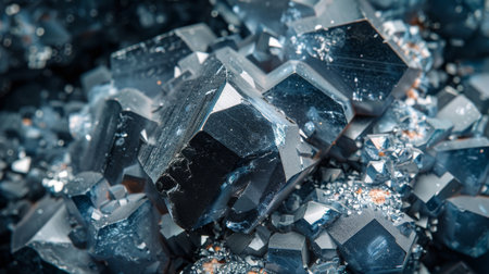 Close up View of Stunning Blue Black Mineral Crystals Reflecting Light in a Natural Environment While Showcasing Intricate Patterns. Generative AIの素材