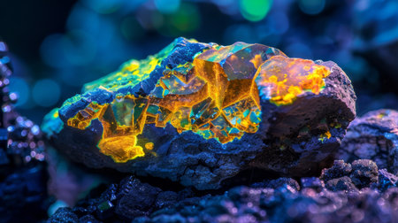 Brightly Glowing Mineral Specimen Showcases Unique Crystalline Structure Under Vibrant Lighting in a Dark Environment. Generative AIの素材