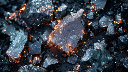 Exploration of Mineral Textures and Luminescent Particles in a Close Up View of Dark Stones During Dusk. Generative AIの素材