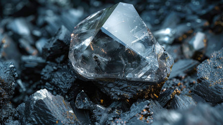 Sparkling Clear Crystal Nestled Among Dark Mineral Formations in a Natural Setting, Highlighting Geological Beauty and Textures. Generative AIの素材