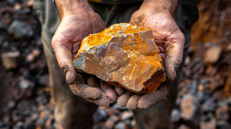 Miner Holds a Vibrant Orange Rock Highlighting the Beauty of Natural Geology During an Excavation in a Mining Area. Generative AIの素材