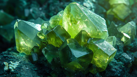 Green Crystals Sparkle Under Ambient Light in a Natural Setting Showcasing Their Unique Shapes and Reflections During the Daytime. Generative AIの素材