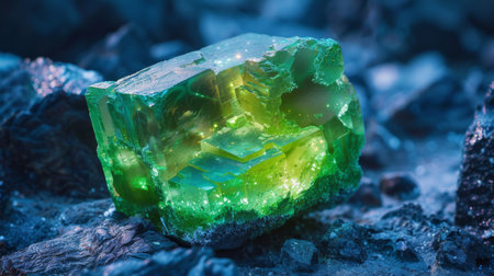 Stunning Green Crystal Sits Atop Dark Rocks Illuminated by Soft Light in a Serene Natural Setting Amidst a Mystical Landscape. Generative AIの素材