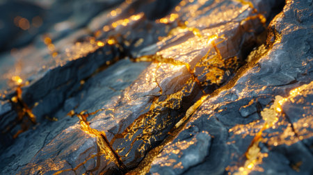 Textured Rock Surface Illuminated by Golden Veins, Showcasing Intricacies in Natures Formation at Dusk. Generative AIの素材
