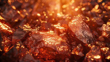 Glowing Molten Lava Rocks Illuminated by Sunlight in a Volcanic Landscape During the Early Morning Hours. Generative AIの素材