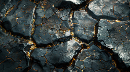 Cracked Black Surface With Golden Highlights Showcasing Intricate Geological Textures and Patterns in Natural Formations During Sunlight. Generative AIの素材