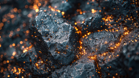 Glowing Embers and Dark Volcanic Rocks Create a Stunning Contrast in a Natural Setting During Dusk. Generative AIの素材