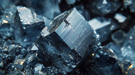 Shimmering Black Mineral Crystals Glistening Under Soft Light With Intricate Patterns and Textures From a Close Up Perspective. Generative AIの素材