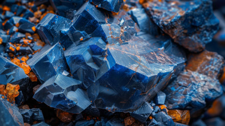 Beautiful Blue Mineral Clusters With Sparkling Orange Accents Found in an Underground Cave During a Geological Exploration. Generative AIの素材
