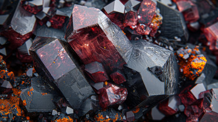 Stunning Close Up of Dark Red and Black Mineral Crystals Showcasing Intricate Textures and Unique Formations Found in Nature. Generative AIの素材
