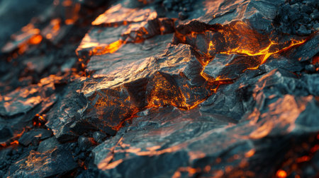 Lava Flows Create Glowing Patterns on Volcanic Rock During a Nighttime Eruption in an Active Volcanic Region. Generative AIの素材