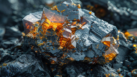 Beautiful Orange and Black Mineral Formation With Sharp Crystals in Natural Setting During Daylight. Generative AIの素材