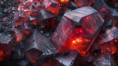 Vivid Red Crystalline Formations Showcasing Reflective Surfaces and Intricate Textures Under Intense Light. Generative AIの素材