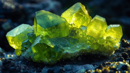 Bright Green Crystal Clusters Illuminated by Sunlight Reveal Stunning Natural Beauty in a Rocky Setting. Generative AIの素材