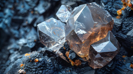 Beautiful Mineral Cluster With Shiny Crystals Resting on Dark Textured Rock in Natural Light Showing Intricate Details of Surface. Generative AIの素材