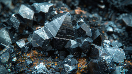 Close up View of Sparkling Black Mineral Crystals on Rocky Surface Showcasing Intricate Geometric Shapes and Textures in Natural Lighting. Generative AIの素材