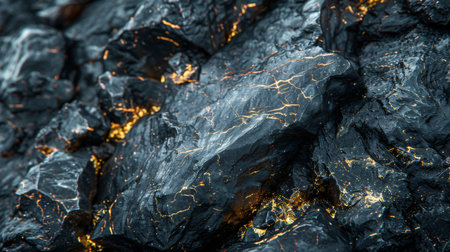A Stunning Natural Black Rock Formation Features Eye Catching Golden Veins, Set Against a Breathtaking Geological Landscape. Enhanced by Generative AI, This Scene Highlights the Extraordinary Beauty of Natures Artistryの素材