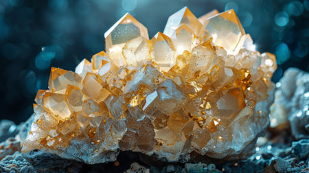 Sparkling Crystal Formation With Warm Yellow Hues Illuminated by Soft Light in a Mineral Rich Environment Showcasing Natures Beauty. Generative AIの素材