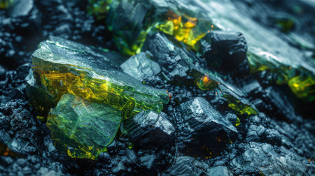 Stunning Close Up of Vibrant Green and Black Mineral Formations Displaying Intricate Textures and Colors Under Natural Light. Generative AIの素材