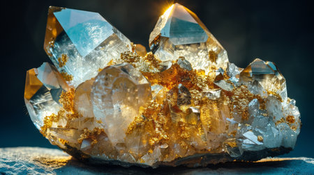 Sparkling Quartz Crystal Cluster With Golden Accents Reflecting Light in a Serene Environment. Generative AIの素材