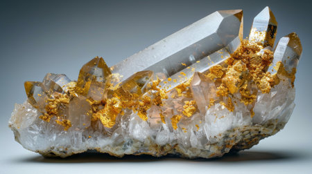 Unique Quartz Crystal Cluster With Golden Pyrite Crystals Showcased Under Studio Lighting. Generative AIの素材