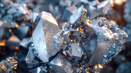 Shimmering Silver and Blue Crystals Sparkling in Dynamic Formation During the Light Reflection of an Artistic Display. Generative AIの素材