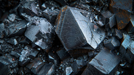 Shimmering Black Crystals Forming Intricate Patterns in a Natural Mineral Deposit Found in a Secluded Mountainous Region. Generative AIの素材