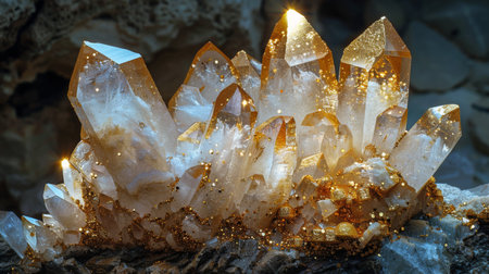 Stunning Cluster of Quartz Crystals With Golden Accents Sparkling Under Soft Light in a Natural Setting. Generative AIの素材