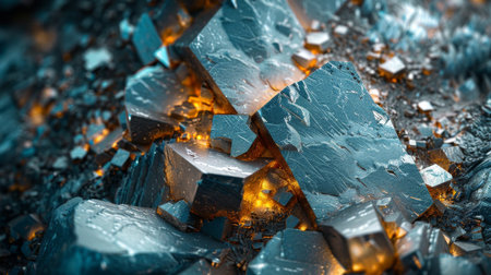 Metallic Mineral Formations With Orange Luminescence Create a Stunning Visual in a Dark Setting During Daylight Hours. Generative AIの素材