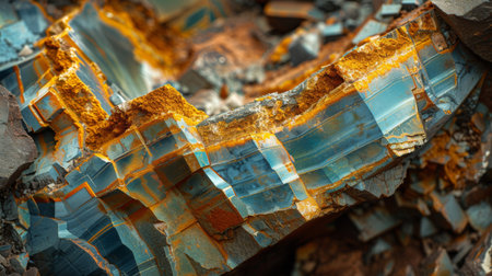 A Stunning Natural Formation Showcases Vibrant Layers of Blue and Orange Minerals Set Against Rugged Rocky Terrain, Enhanced by Generative AIの素材