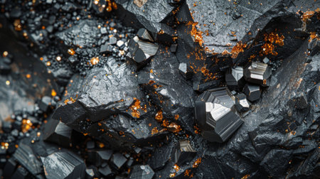 Beautiful Close Up View of Shimmering Black and Orange Crystal Formations in Rugged Rock Layers Under Natural Lighting in a Geological Environment. Generative AIの素材