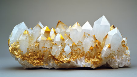 Beautiful Quartz Crystal Cluster With Striking Golden Accents Displayed on a Neutral Background. Generative AIの素材