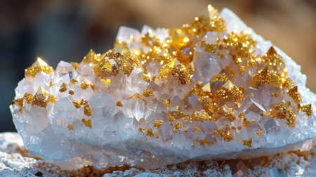 Stunning Quartz Crystal Cluster With Vibrant Golden Pyrite Accents Shines Under Natural Light in an Outdoor Setting. Generative AIの素材