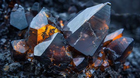 Beautiful Clusters of Shimmering Crystals Glow in Vivid Orange Hues Under Soft Natural Lighting in a Mineral Rich Environment. Generative AIの素材