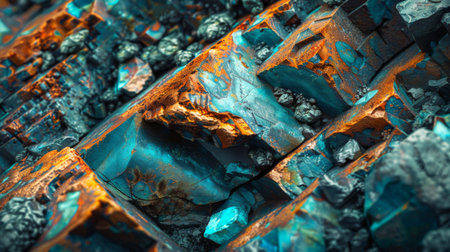 Vibrant Mineral Formations Captured in Close Up Showcasing Crystal Structures and Intricate Textures With Earthy Tones and Vivid Colors. Generative AIの素材