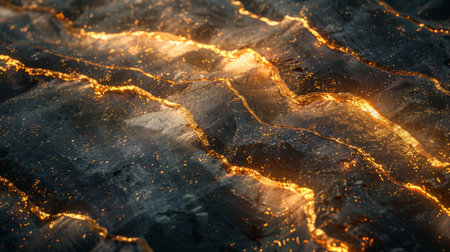 Rivulets of Glowing Magma Flow Through Textured Rock Formations in a Dramatic Lava Landscape During Twilight Hours. Generative AIの素材